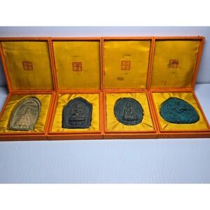 Tibetan/ Gods/ Buddah/ Temple set of 4 various‎ clay medallions in display boxes